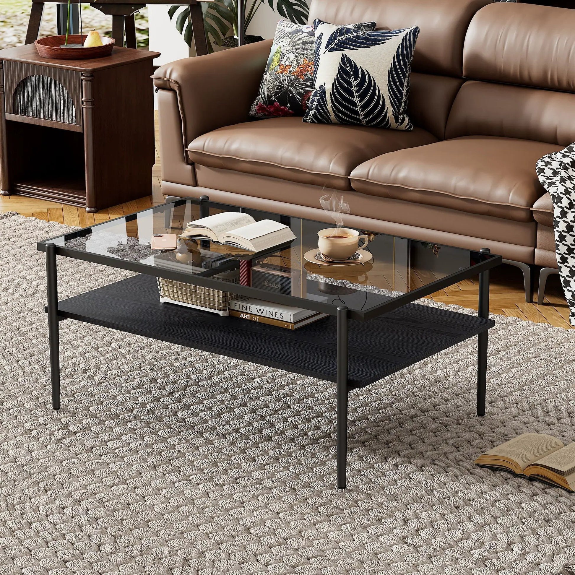 Rectangle coffee table with tempered glass top and black metal frame lower shelf in living room on Tampa Home & Garden Store