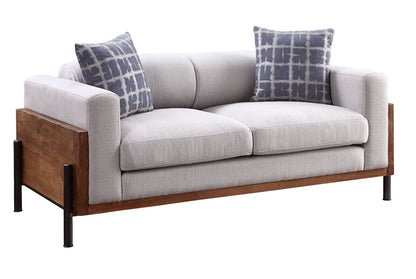 Pelton Loveseat with 2 toss pillows, walnut wood frame, light gray fabric on Tampa Home & Garden Store