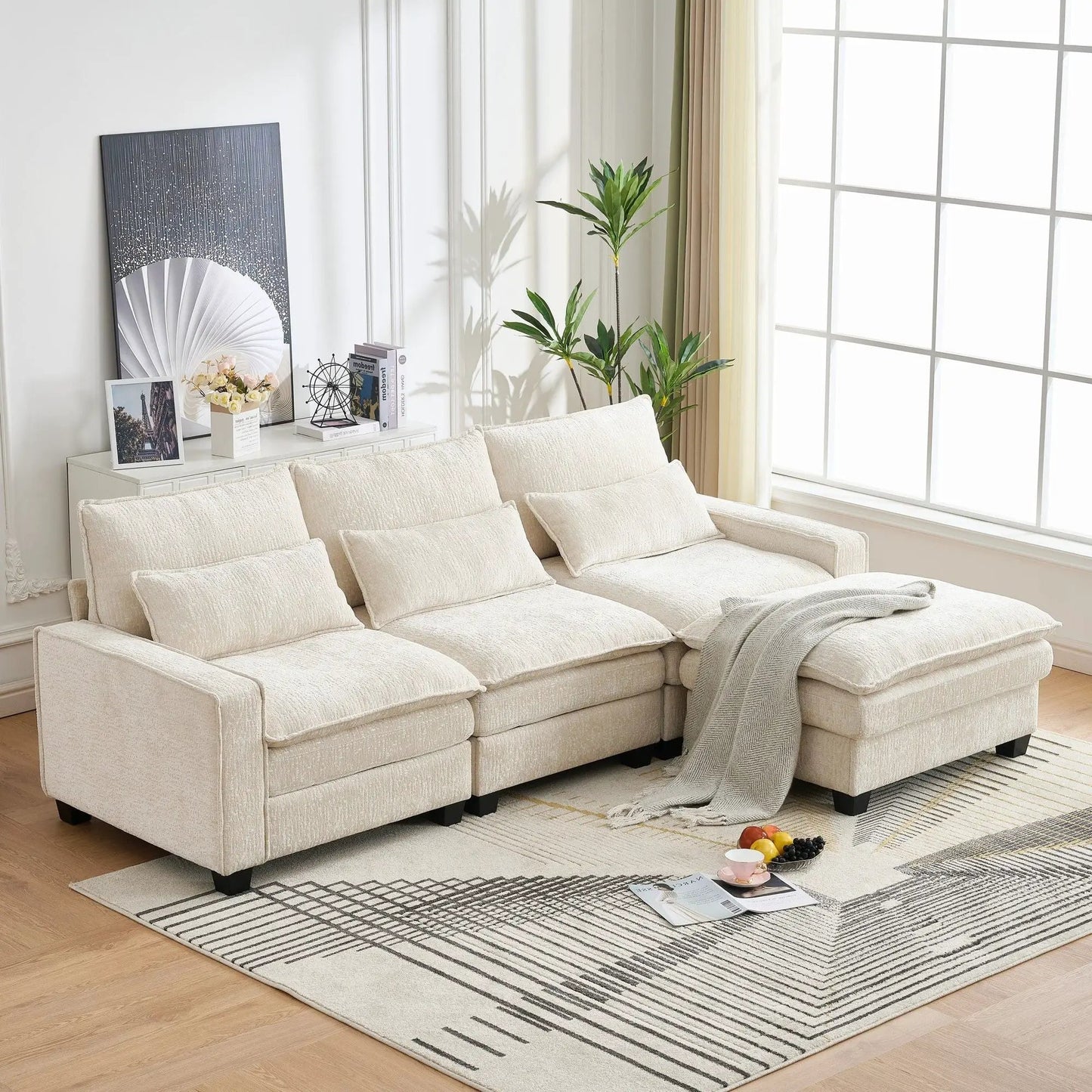 2-piece Unique Piece Furniture L-shaped sectional sofa with movable ottoman in cream fabric living room set on Tampa Home & Garden Store