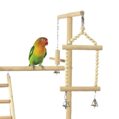 Wooden cockatiel stand with beaded swing and bells, natural wood on Tampa Home & Garden Store