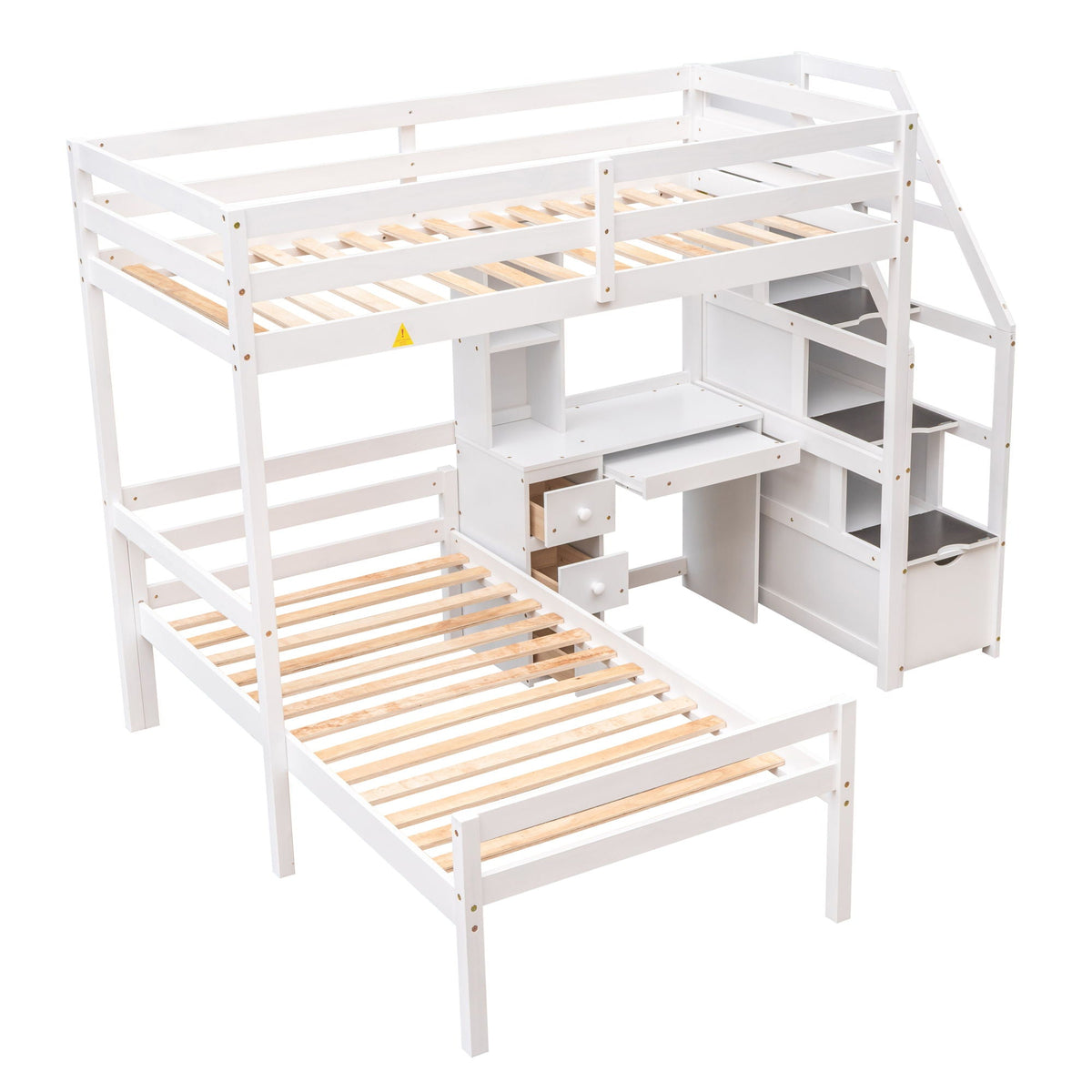 Loft bed with standalone bed underneath, storage staircase, desk, shelves and drawers in white on Tampa Home & Garden Store