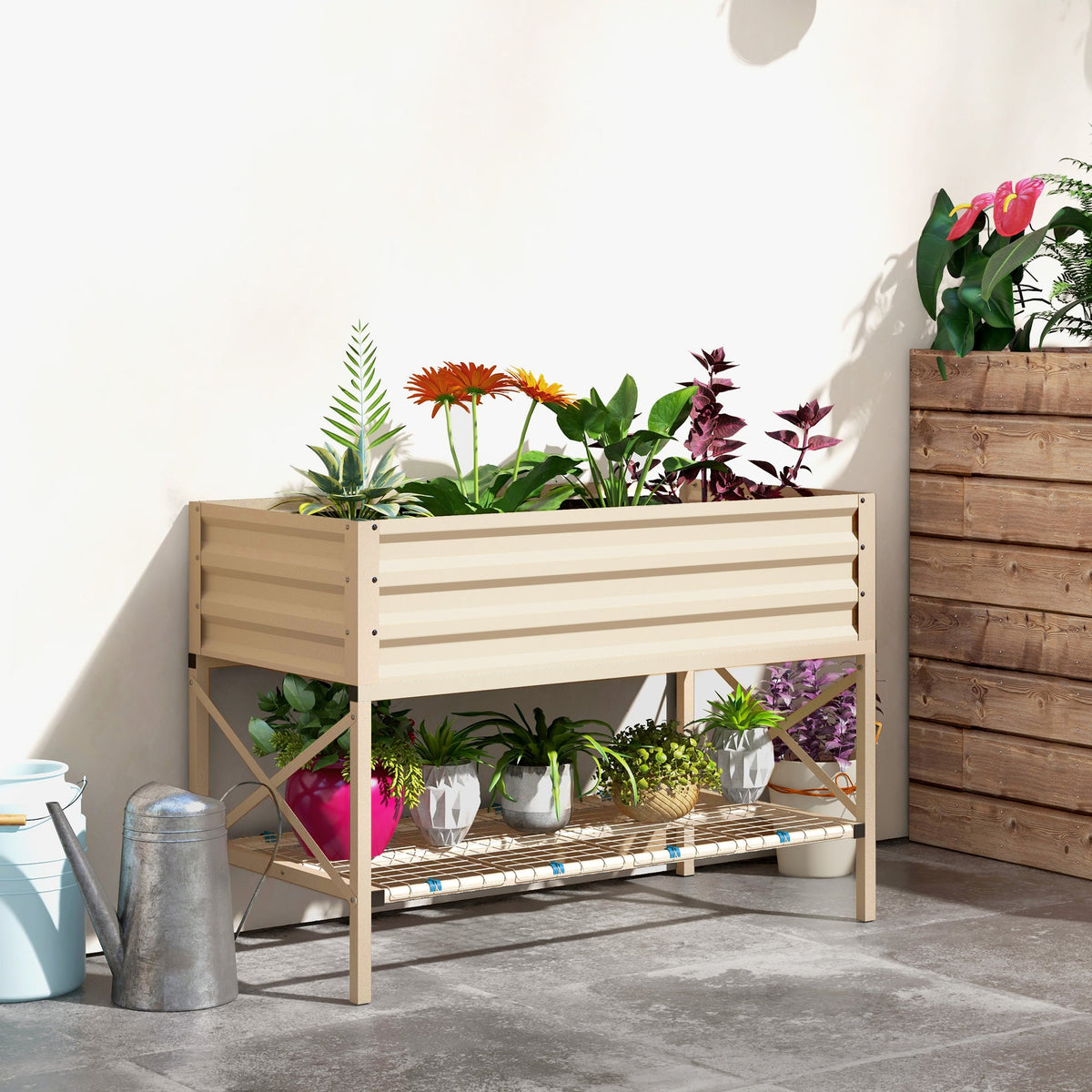 Galvanized steel raised garden bed with bottom shelf in silver for garden pots on Tampa Home & Garden Store