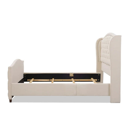 Marcella upholstered shelter bed set cream fabric with tufted headboard and curved sides Unique Piece on Tampa Home & Garden Store