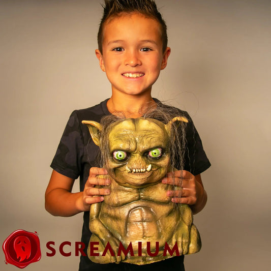Troglyns Fungus Troll Gremlin Halloween Decor mask with green eyes and fur by SCREAMIUM on Tampa Home & Garden Store