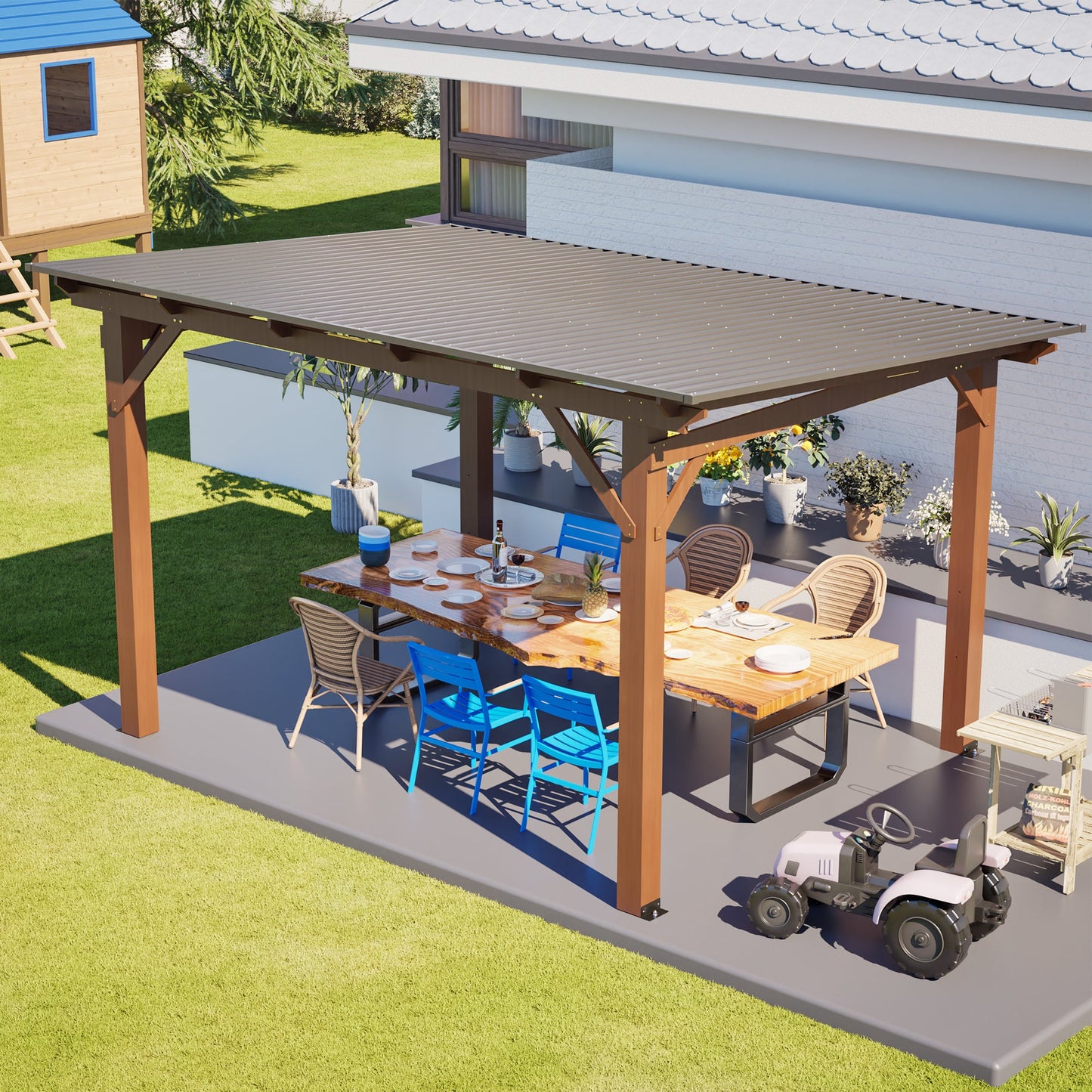 13x10ft wooden garden gazebo with metal roof pergola by HouseOfZazla, brown posts on Tampa Home & Garden Store