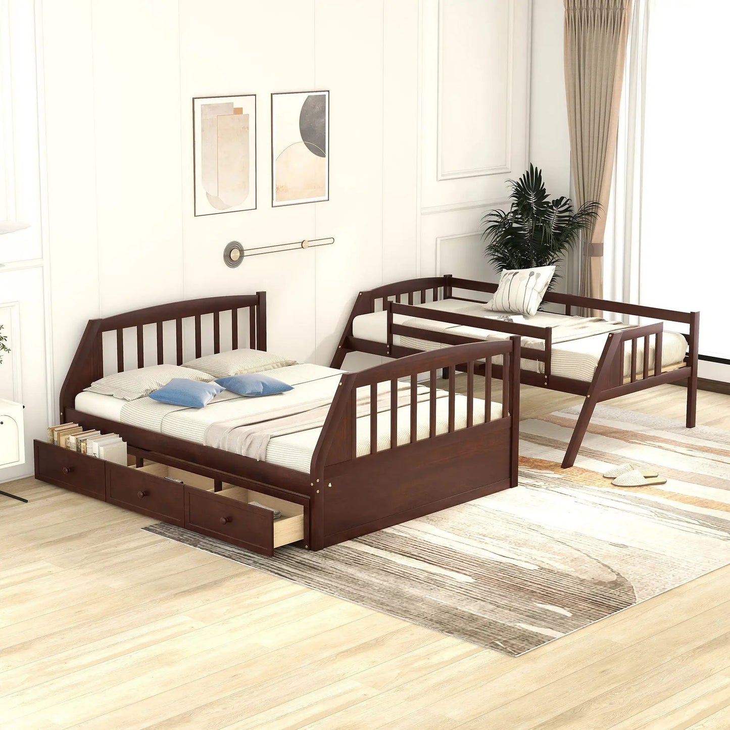 Two dark wood bunk beds with under-bed drawers and striped bedding in a bright room on Tampa Home & Garden Store