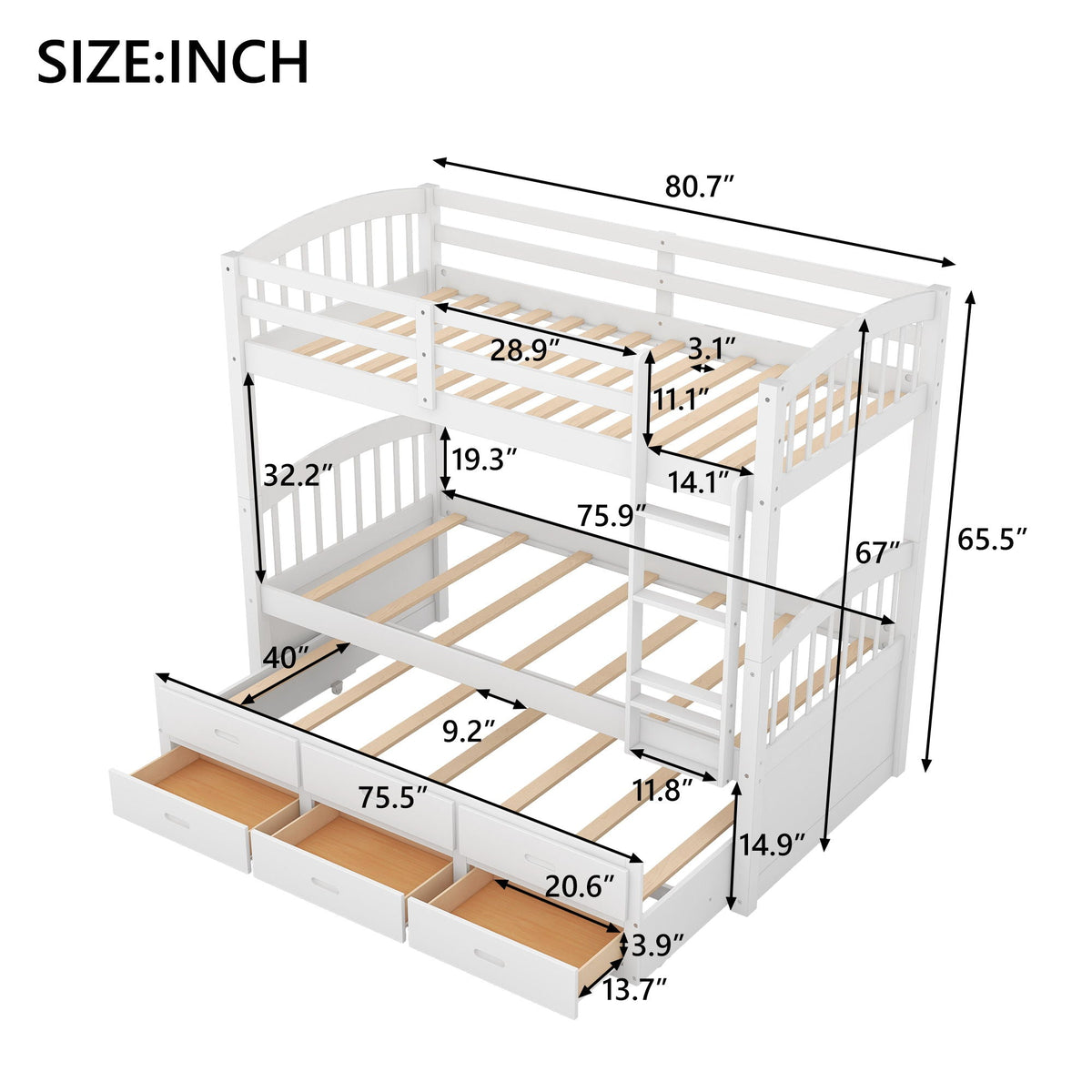 Bunk Bed With Trundle And Drawers, white finish, arched headboard and footboard, HouseOfZazla on Tampa Home & Garden Store
