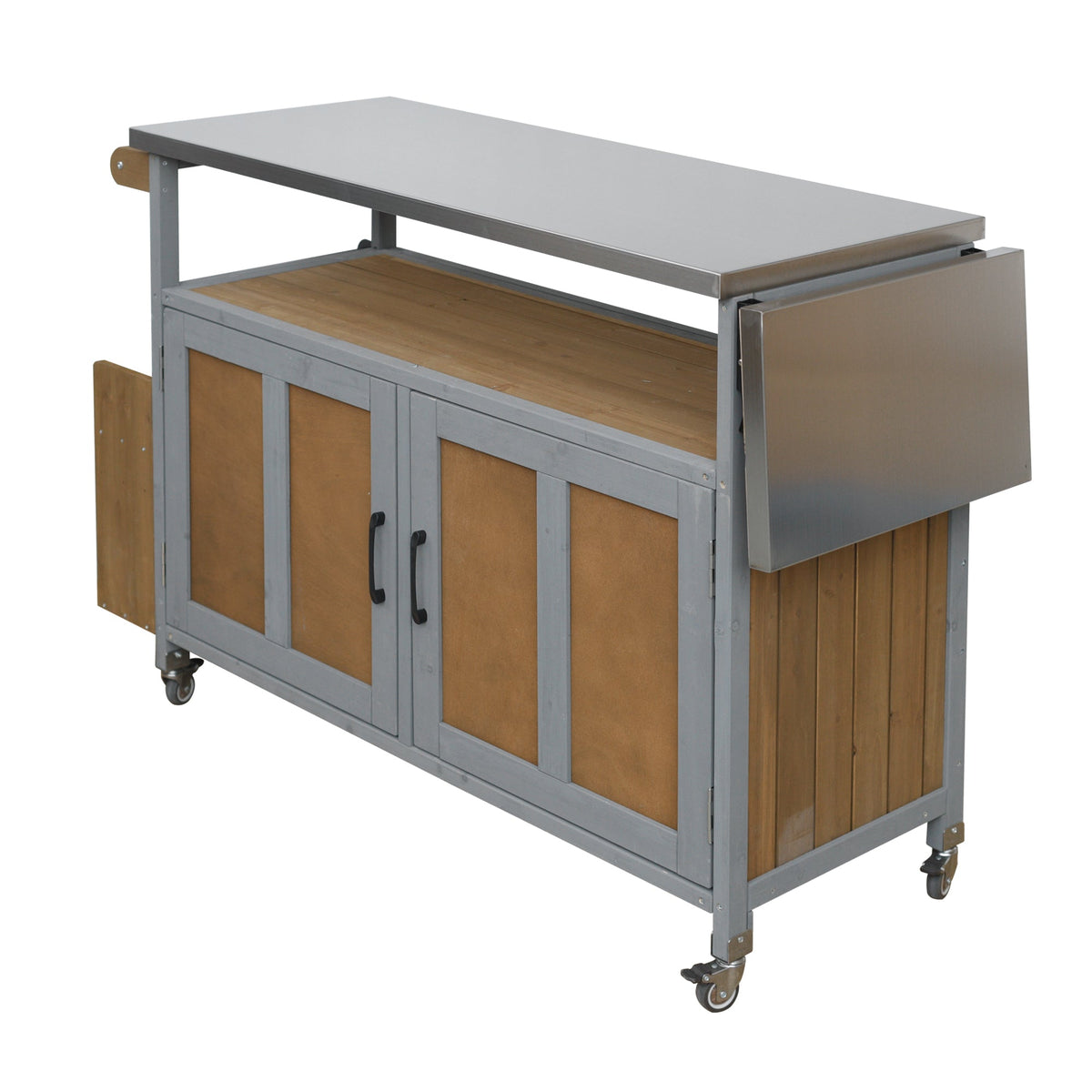 Foldable outdoor kitchen island cart with gray frame, wood panels, stainless top, casters on Tampa Home & Garden Store