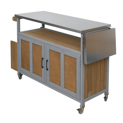 Foldable outdoor kitchen island cart with gray frame, wood panels, stainless top, casters on Tampa Home & Garden Store