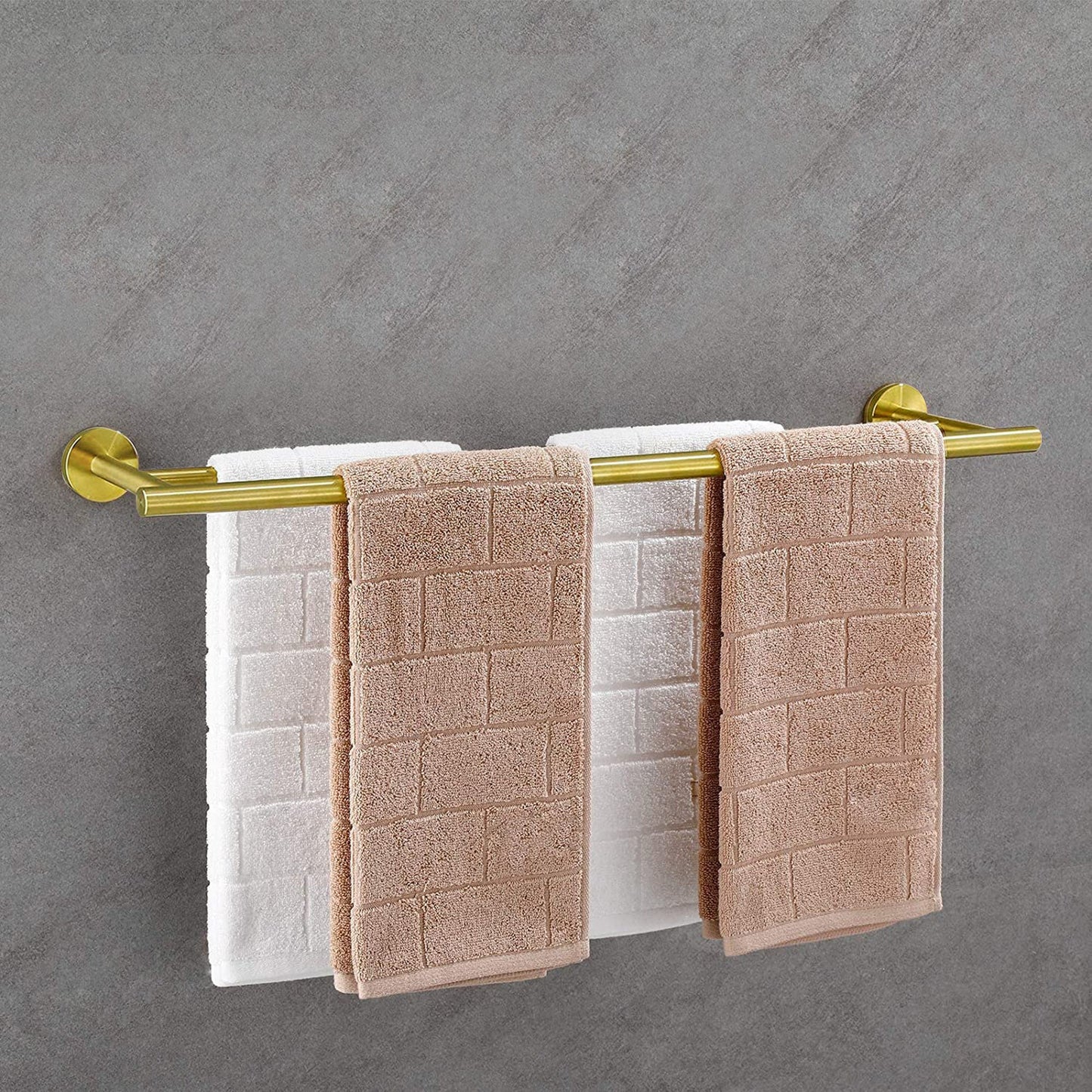 HouseOfZazla 6-Piece Bathroom Hardware Set with gold towel bar and white and beige towels on Tampa Home & Garden Store