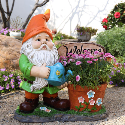 Welcome Outdoor Gnome and Flower Pot Planter
