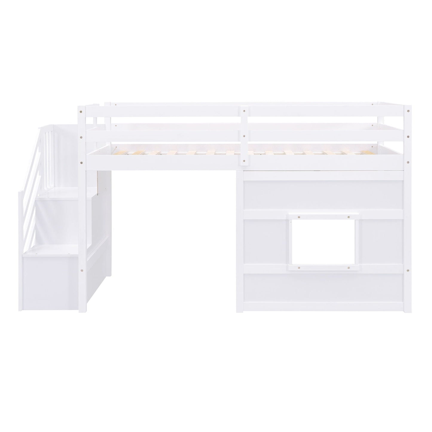 Loft bed with storage staircase in white, top bunk with guard rails and window panel plus built-in drawers on Tampa Home & Garden Store