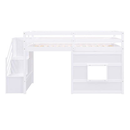 Loft bed with storage staircase in white, top bunk with guard rails and window panel plus built-in drawers on Tampa Home & Garden Store