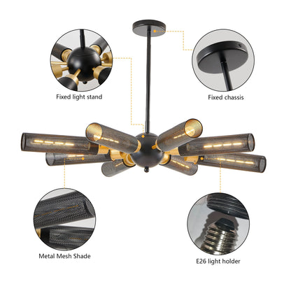Sputnik 8-Light Chandelier by HouseOfZazla; black metal with gold accents and metal mesh shades on Tampa Home & Garden Store
