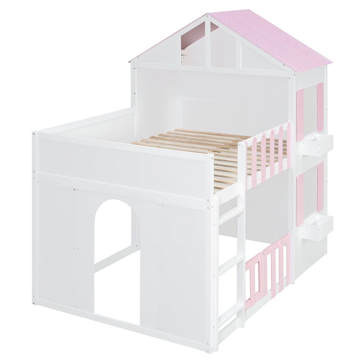 Full Over Full House Bunk Bed with Storage - Pink, white frame with pink roof rails on Tampa Home & Garden Store