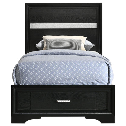 Urbana storage panel bed in black finish with silver glitter headboard strip; platform bed on Tampa Home & Garden Store