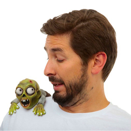 Shoulder Buddy zombie accessory, small green zombie perched on man's shoulder on Tampa Home & Garden Store