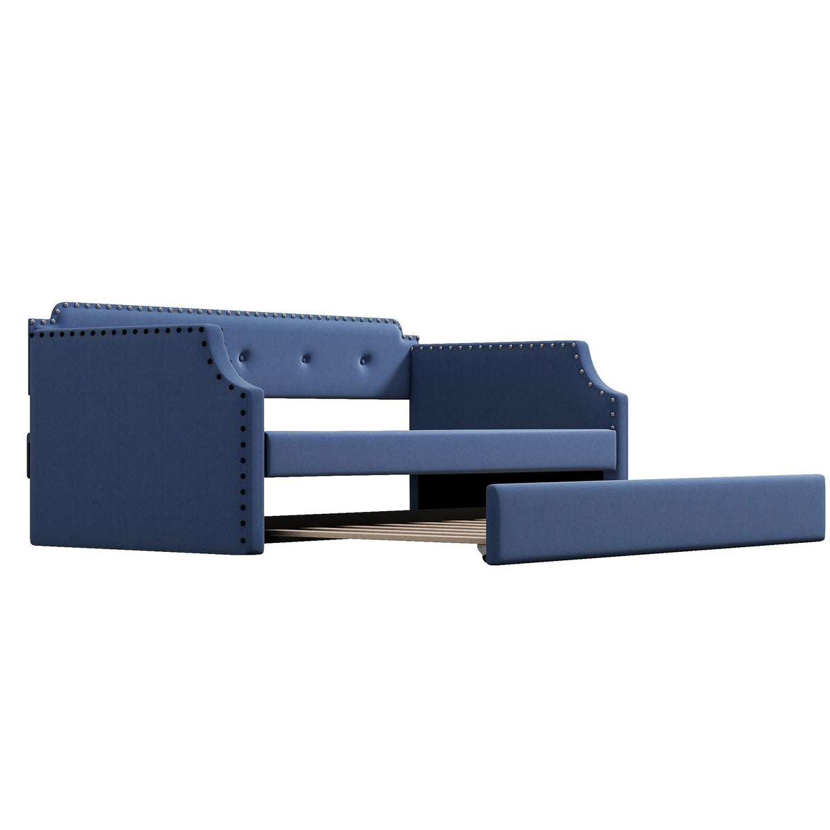 Upholstered daybed with trundle in blue fabric by HouseOfZazla, nailhead trim and curved arms on Tampa Home & Garden Store