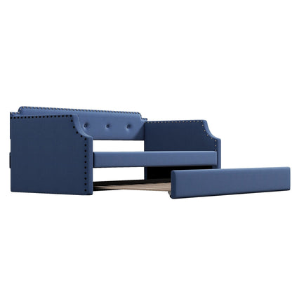 Upholstered daybed with trundle in blue fabric by HouseOfZazla, nailhead trim and curved arms on Tampa Home & Garden Store