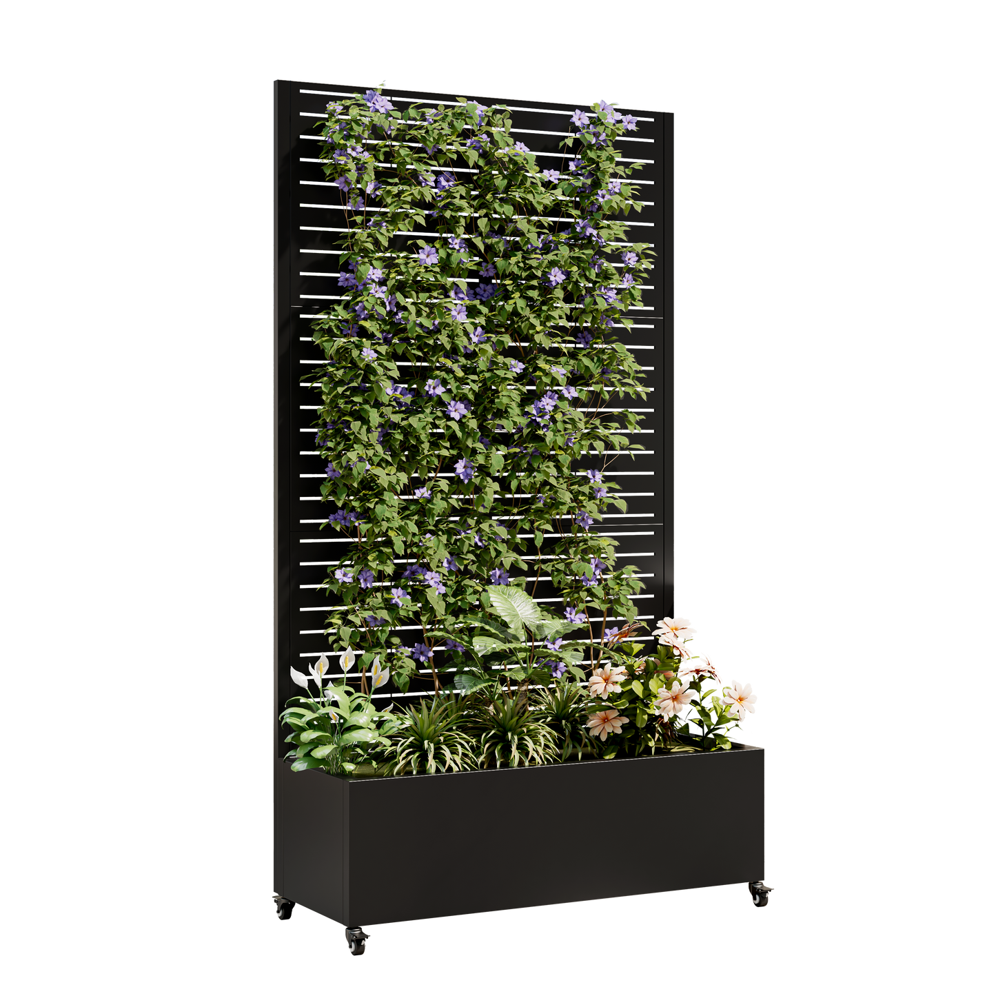 Metal planter box with trellis by HouseOfZazla on wheels, black finish with purple flowers on Tampa Home & Garden Store