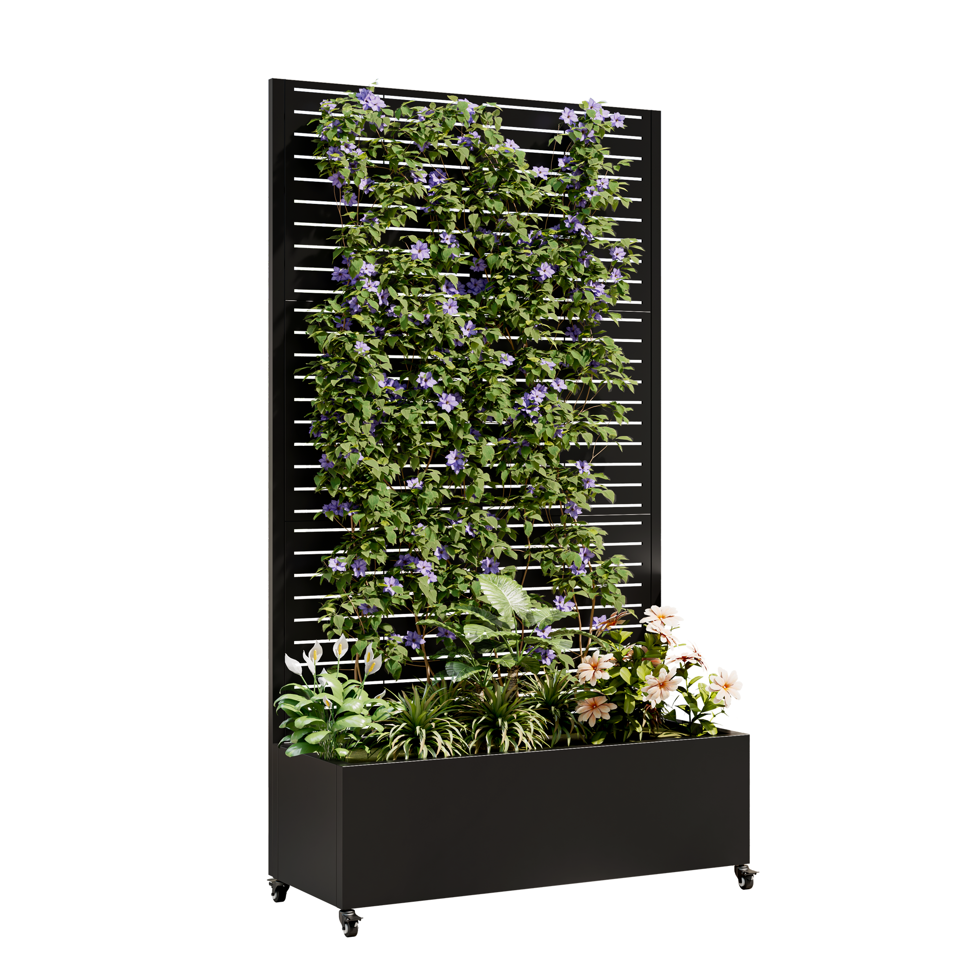 Metal planter box with trellis by HouseOfZazla on wheels, black finish with purple flowers on Tampa Home & Garden Store