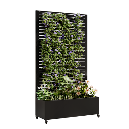 Metal planter box with trellis by HouseOfZazla on wheels, black finish with purple flowers on Tampa Home & Garden Store