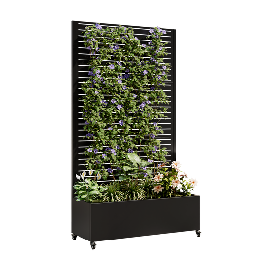 Metal planter box with trellis by HouseOfZazla on wheels, black finish with purple flowers on Tampa Home & Garden Store