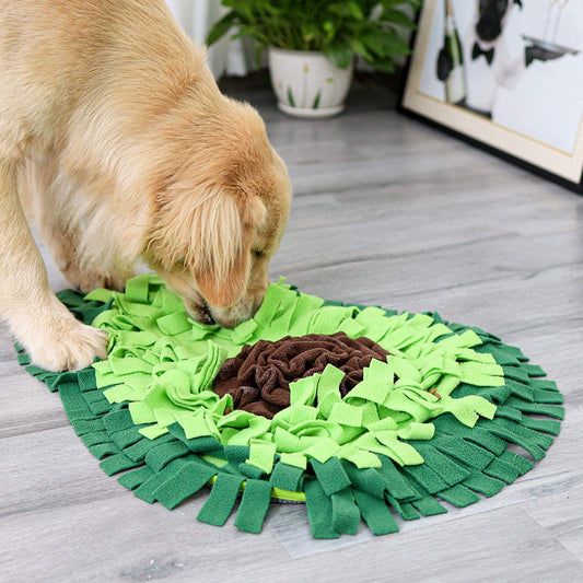 Dog sniffing mat puzzle toy with green and brown fleece strips for scent training on Tampa Home & Garden Store