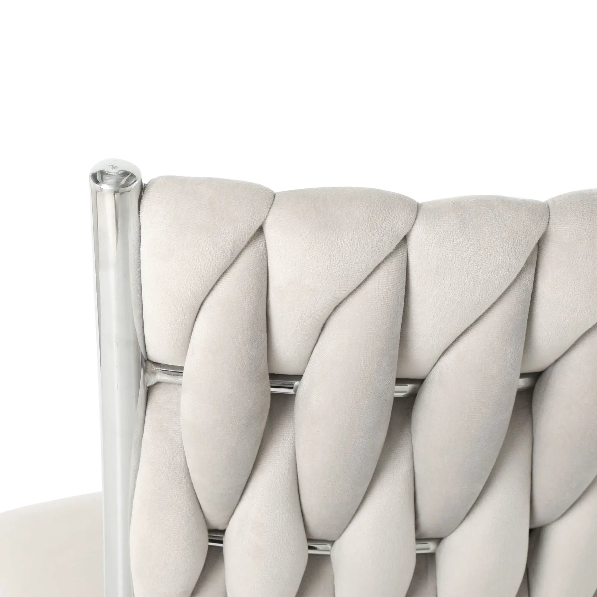 Modern dining chair gray upholstered cushions with chrome frame close-up on Tampa Home & Garden Store