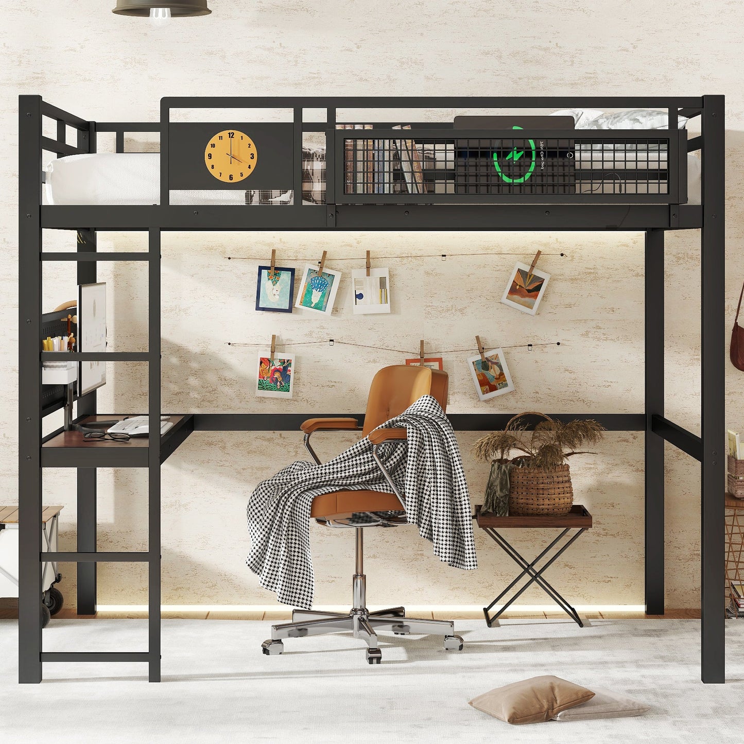 Metal Loft Bed with Desk and Charging Port