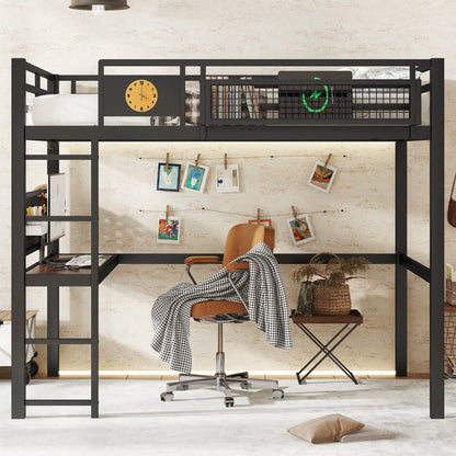 Metal Loft Bed with Desk and Charging Port