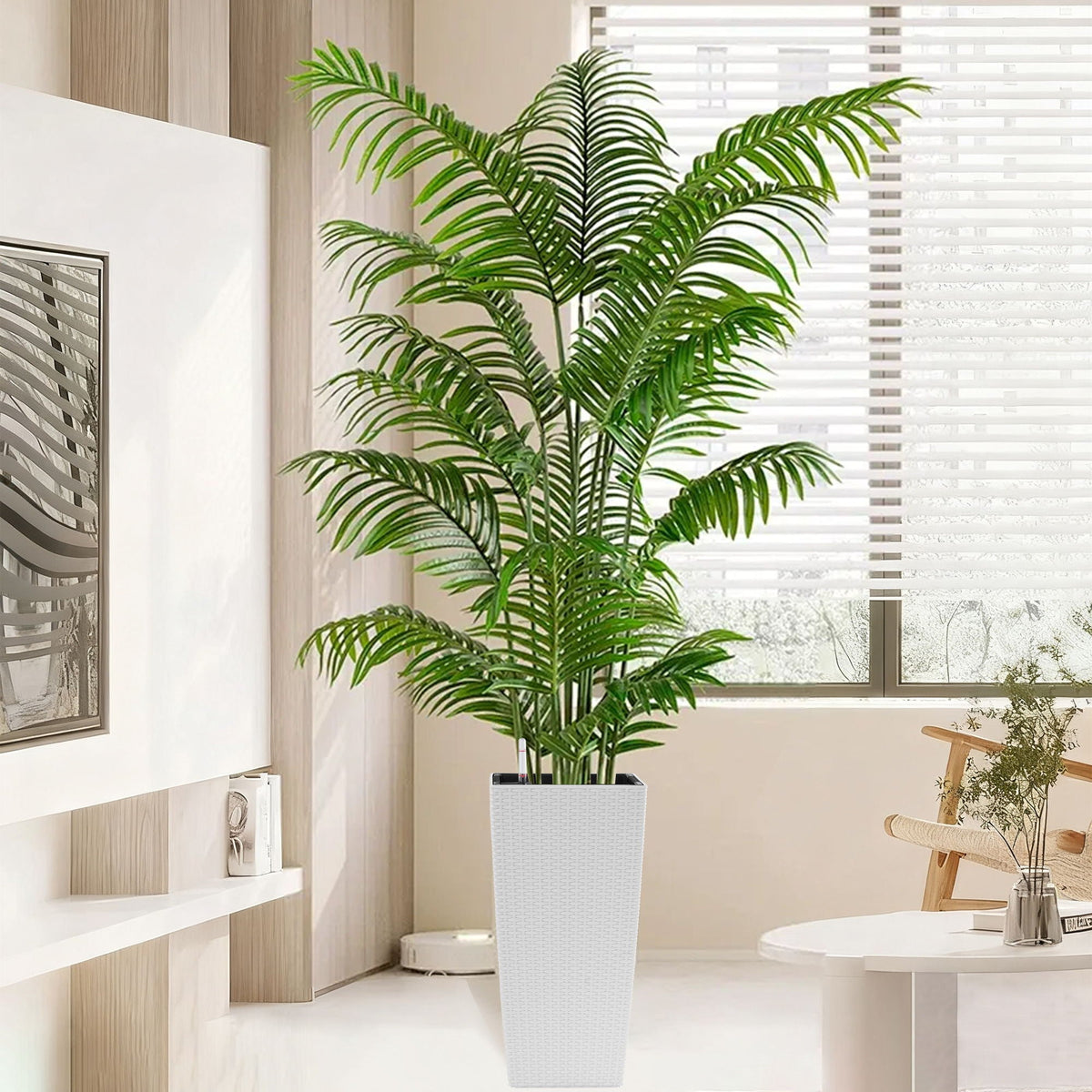 HouseOfZazla planter with automatic watering in a white woven tall pot housing a palm plant on Tampa Home & Garden Store