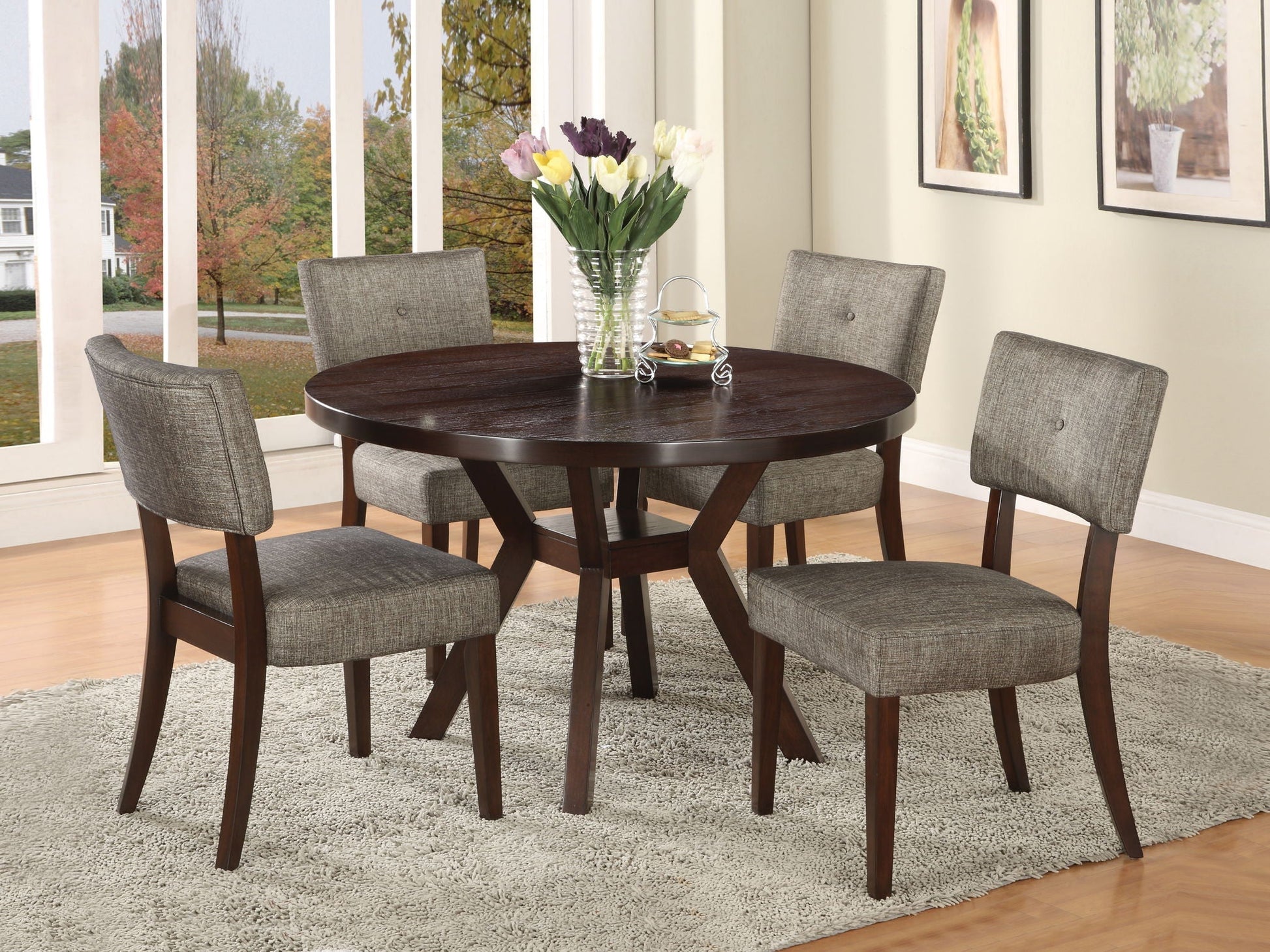 Drake 5-Piece Dining Set round espresso table with gray upholstered chairs by HouseOfZazla on Tampa Home & Garden Store