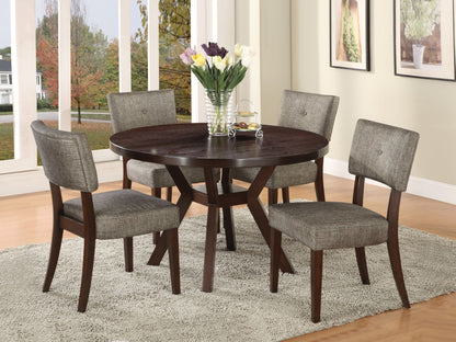Drake 5-Piece Dining Set round espresso table with gray upholstered chairs by HouseOfZazla on Tampa Home & Garden Store