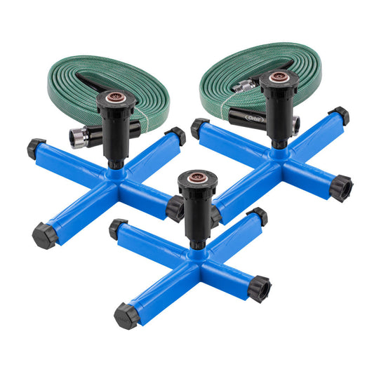 Above Ground Sprinkler Kit 27884 by Orbit; blue cross bases, green hoses, 2 kits on Tampa Home & Garden Store