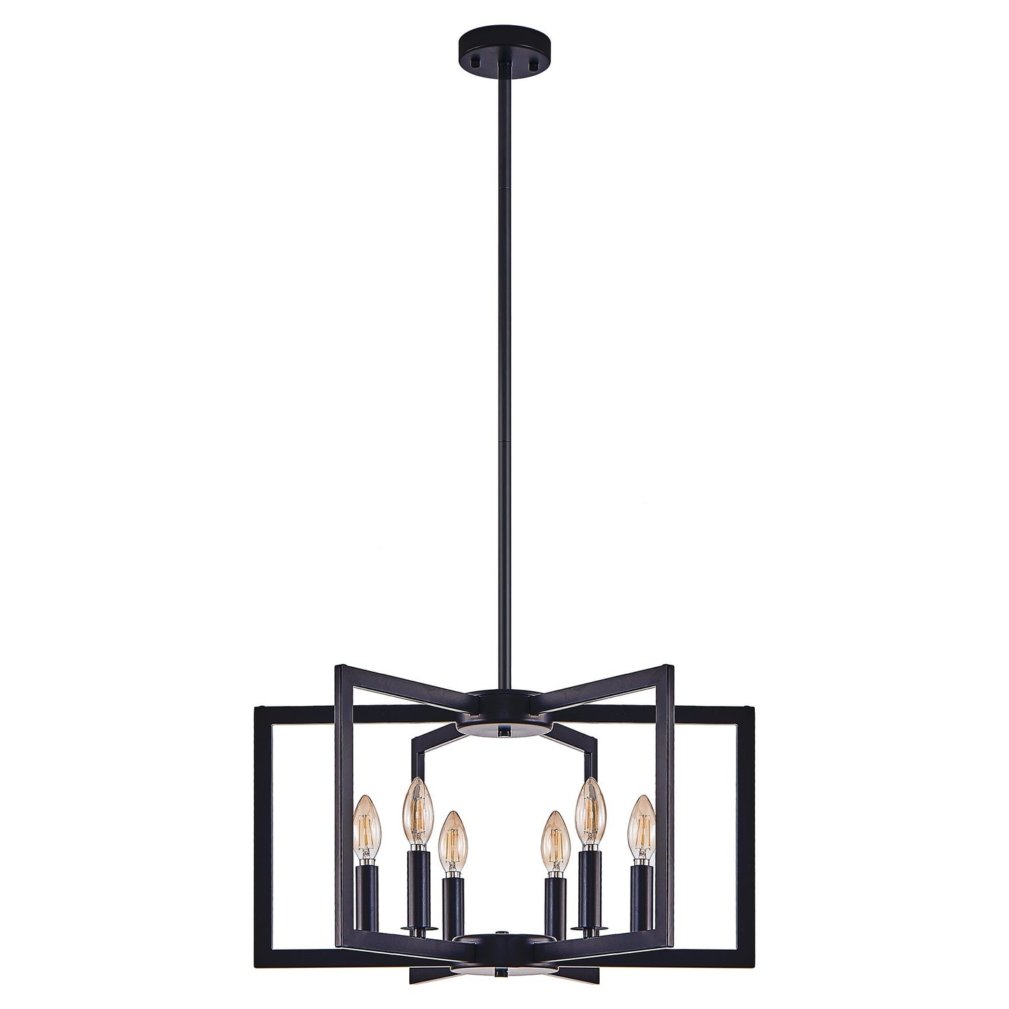 22' Modern Black Geometric 6-Light Chandelier, industrial black metal pendant with square frame on Tampa Home & Garden Store