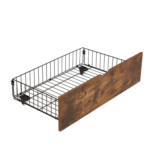 Queen bed with drawers, black metal frame and brown wood veneer platform bed on Tampa Home & Garden Store