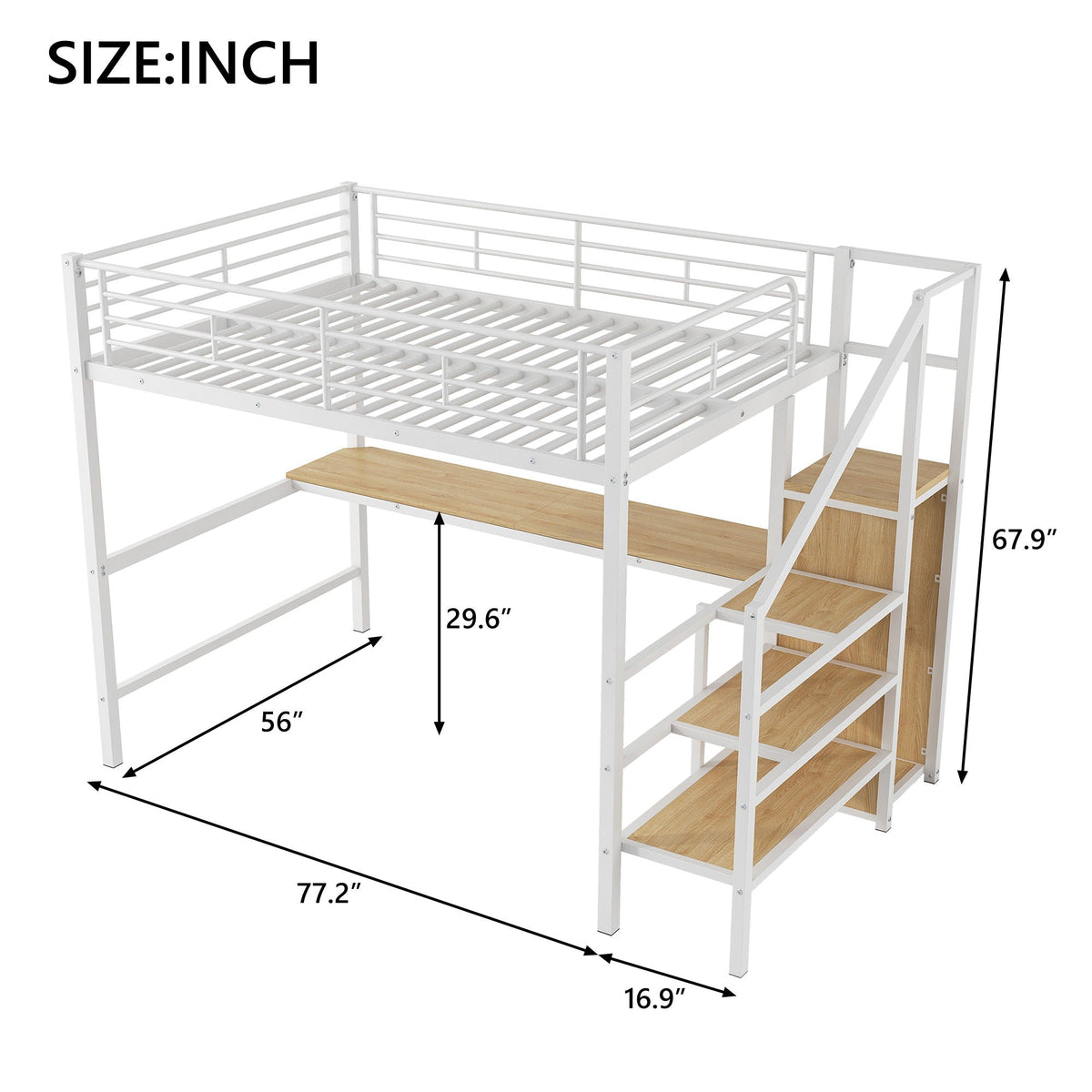 Loft bed with desk, storage staircase, wardrobe and LED light in white metal by HouseOfZazla on Tampa Home & Garden Store