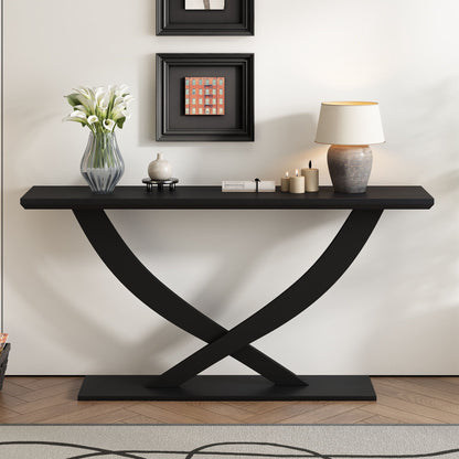 Console table with black cross-leg base and reinforced support, featuring white lily vase, lamp on Tampa Home & Garden Store