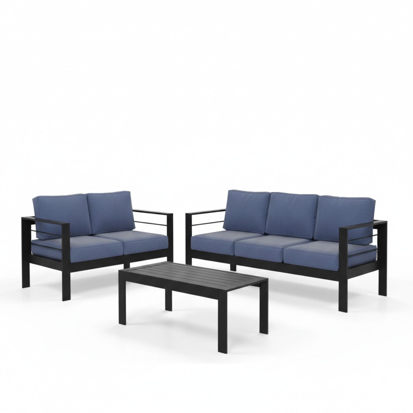 Outdoor Patio Set All-Weather with Thick Cushions blue cushions, 2 chairs + coffee table on Tampa Home & Garden Store