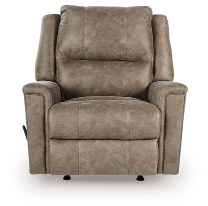 Rocker recliner Lixtowel by Unique Piece Furniture in taupe-brown fabric with plush cushioned arms on Tampa Home & Garden Store