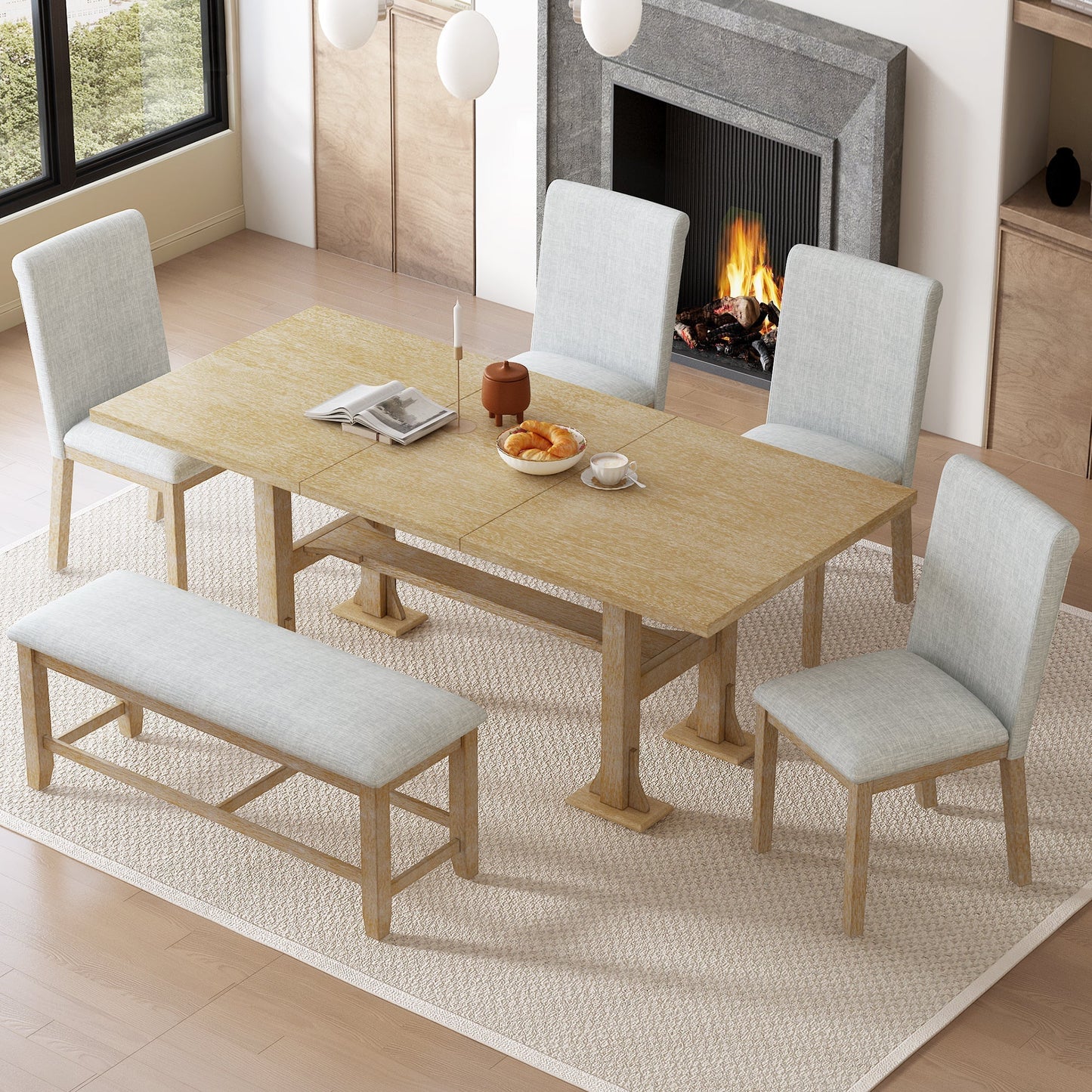 Artisanal 6-Piece Extendable Solid Wood Dining Set with Bench Seating in natural wood on Tampa Home & Garden Store