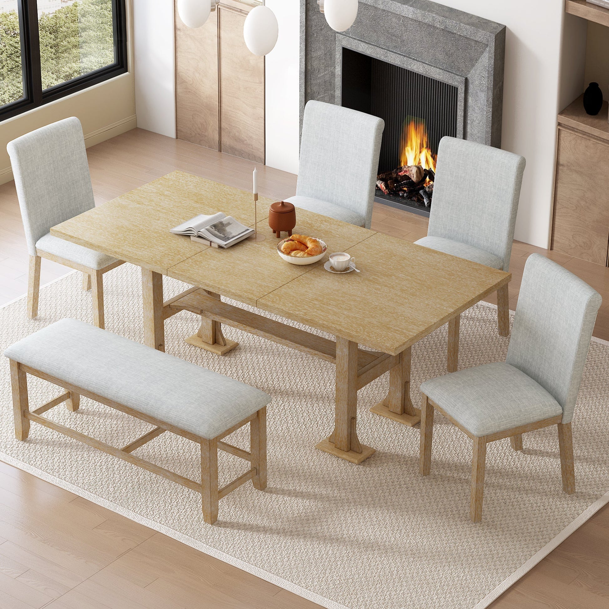 Artisanal 6-Piece Extendable Solid Wood Dining Set with Bench Seating in natural wood on Tampa Home & Garden Store