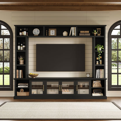 All-In-One entertainment center in black with tempered glass doors and TV-ready shelving on Tampa Home & Garden Store