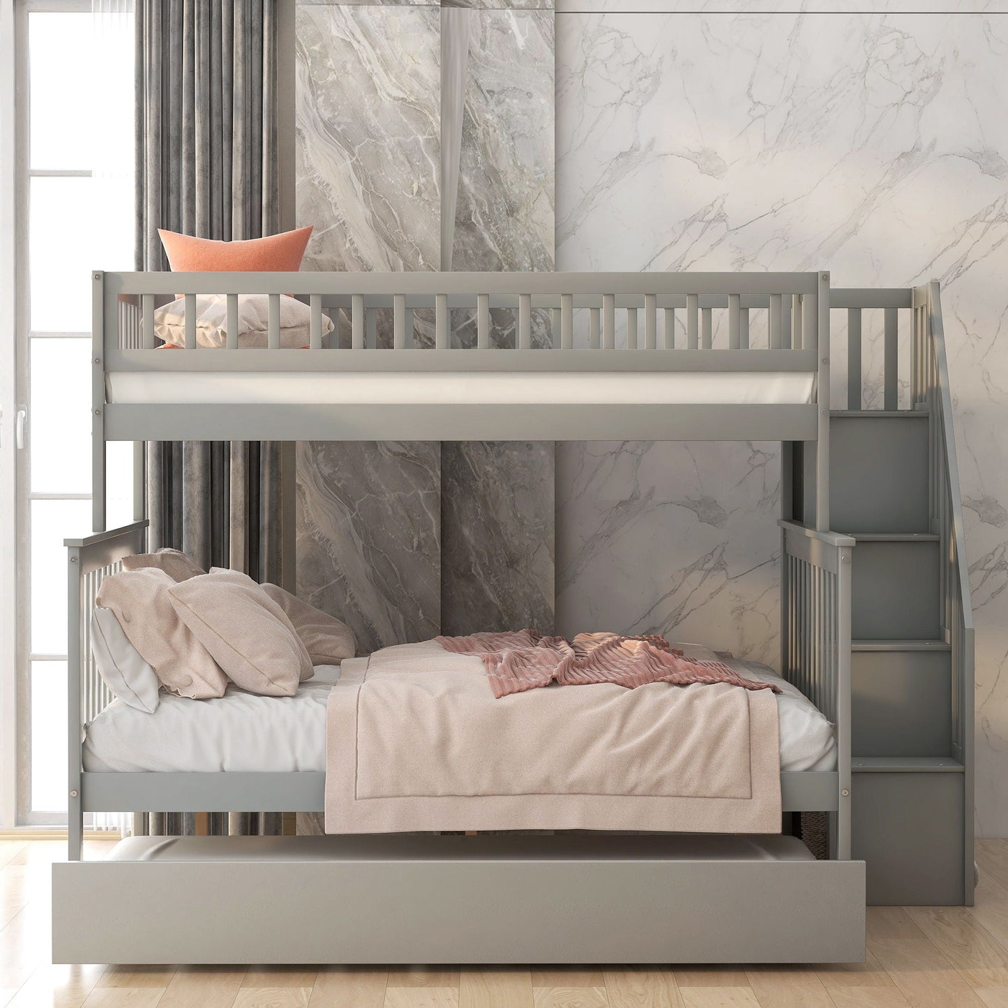 Bunk Bed With Staircase gray metal frame by HouseOfZazla in marble-walled bedroom on Tampa Home & Garden Store