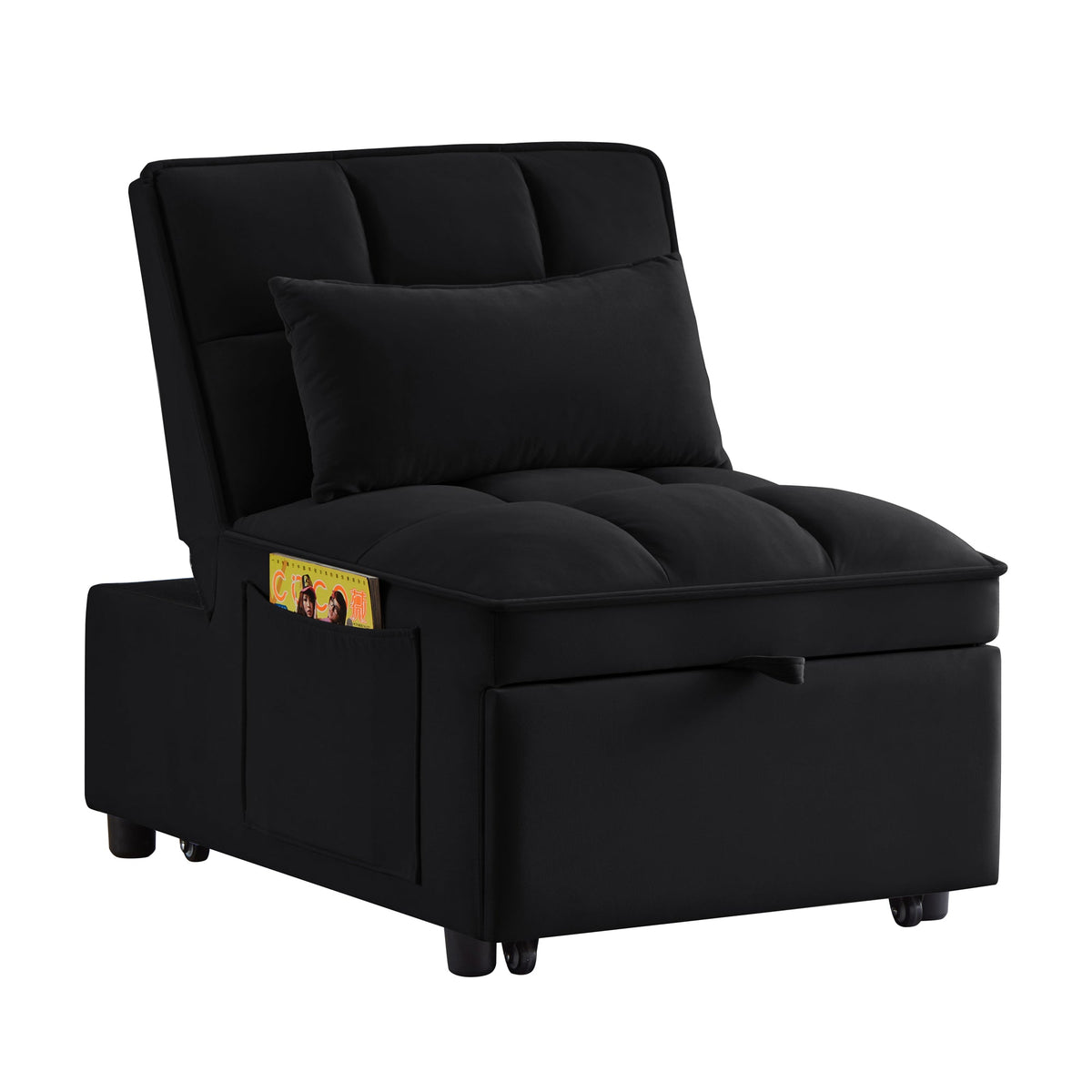 Single Velvet Sofa Bed with Storage Pockets