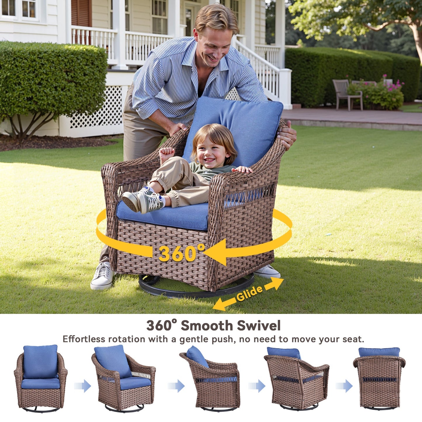 Outdoor Swivel Rocking Wicker Chairs Set of 2 with blue cushions by HouseOfZazla on Tampa Home & Garden Store