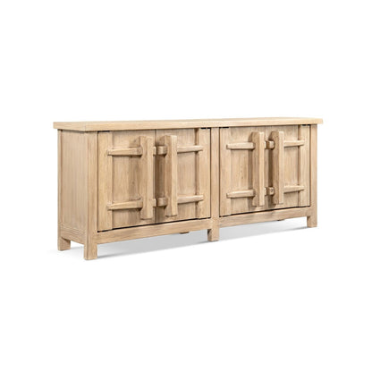 Natural wood four-door sideboard cabinet with carved block handles rustic finish on Tampa Home & Garden Store