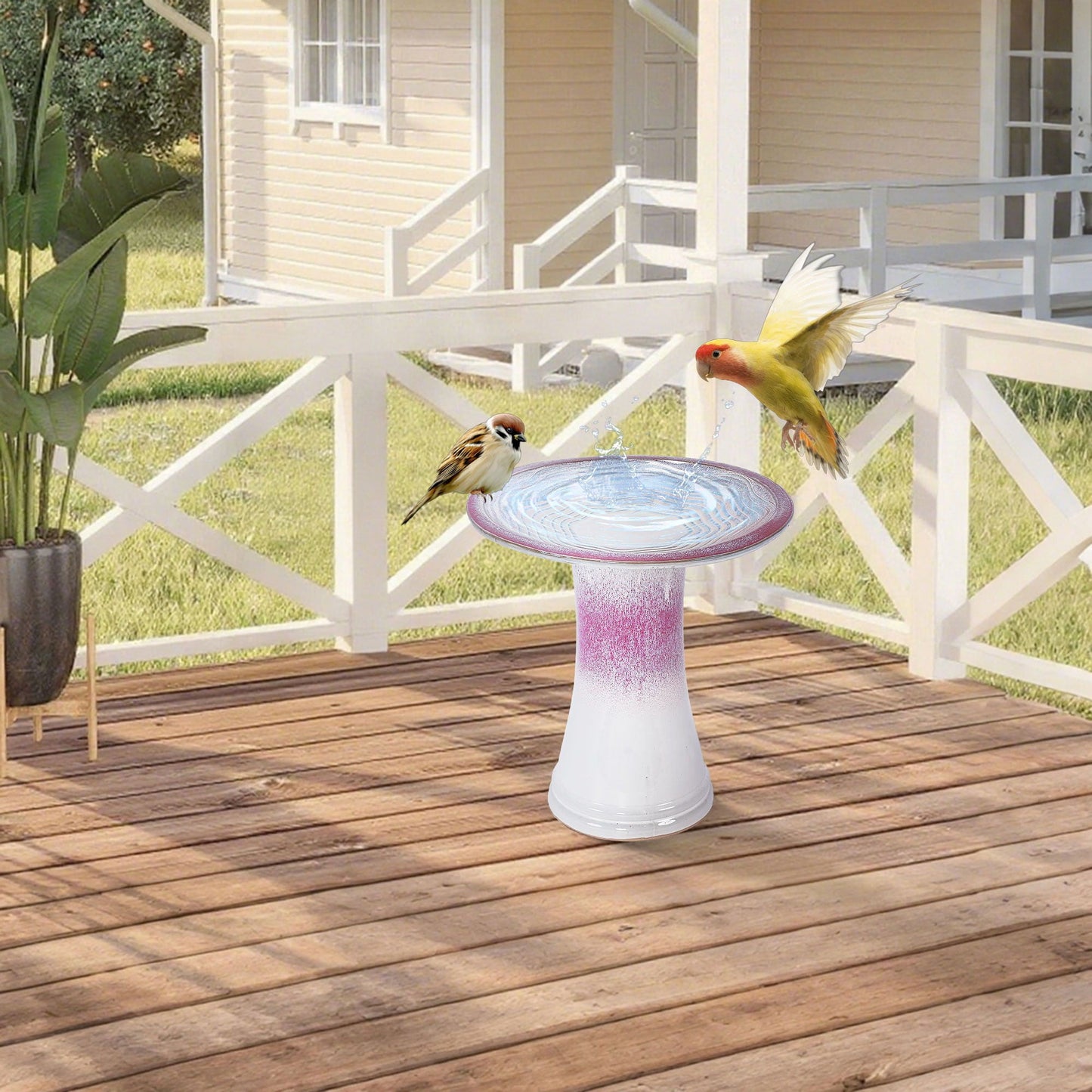 Birdbath for Patio white and pink water basin with splash, HouseOfZazla livestock waterer on Tampa Home & Garden Store