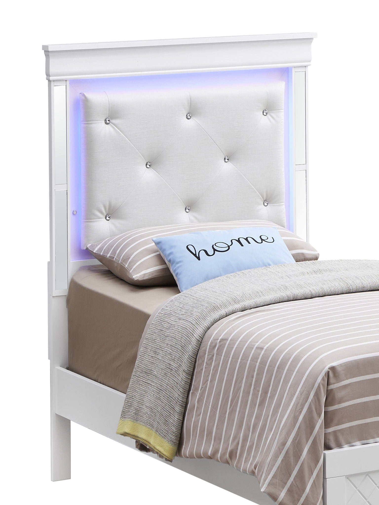 Bed With LED Light Accents Headboard white tufted upholstered bed by HouseOfZazla with purple LED glow on Tampa Home & Garden Store